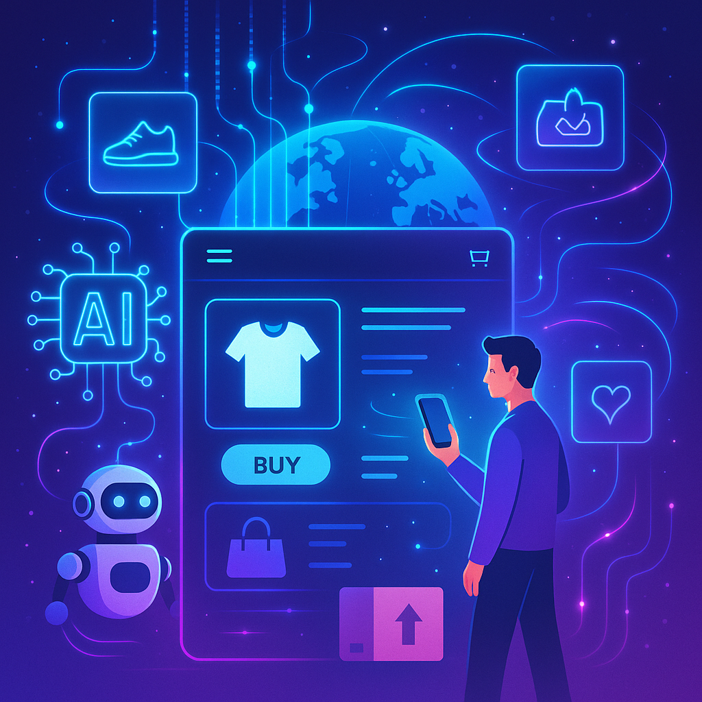 Illustration of an AI-powered e-commerce store showing personalized product recommendations and intelligent logistics, highlighting AI revolutionizing digital transformation for customer experience
