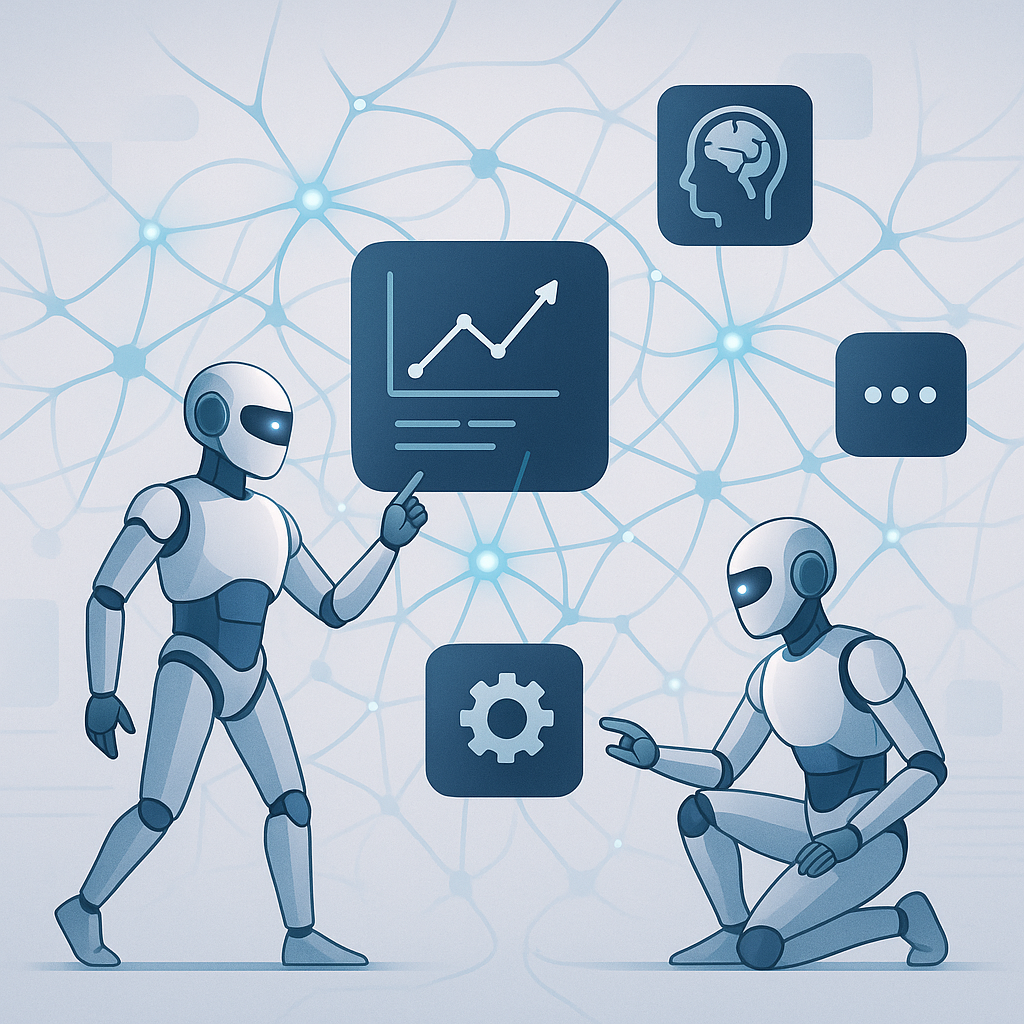 Illustration of advanced autonomous AI agents interacting in a neural network symbolizing AI transformation and intelligent decision-making
