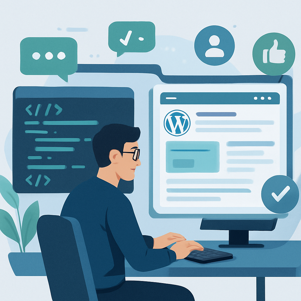 Illustration of a developer integrating custom software with a WordPress web interface to maximize customer engagement, representing dynamic user experience and technology synergy.