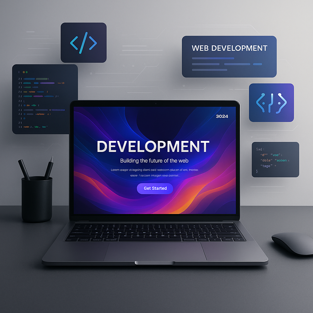 Modern workspace with laptop displaying a developer website featuring code snippets and futuristic UI elements, representing tools and trends for building dev websites in 2024