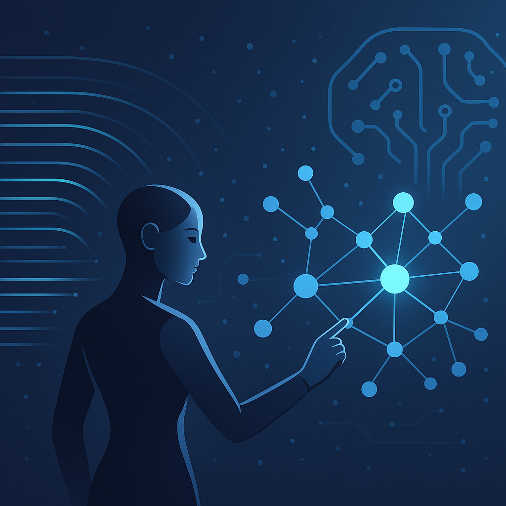 Visual representation of an intelligent agent in AI interacting with data streams and knowledge integration demonstrating custom software solutions and smart system concepts