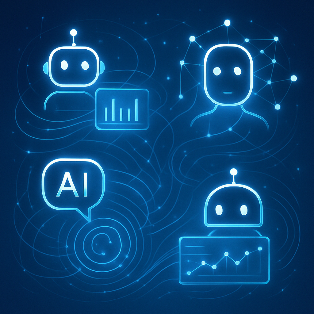 Digital illustration depicting diverse AI agents interacting with holographic data streams, representing examples and roles of agents and computer agents in artificial intelligence