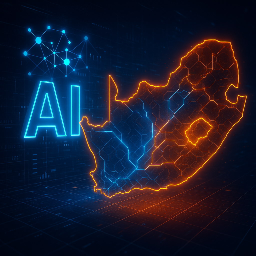 Abstract futuristic digital neural network overlay on South African map illustrating ZAR 50 billion investment in AI transforming computer science
