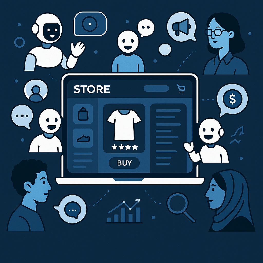 Illustration of AI agents revolutionizing ecommerce marketing through intelligent automation and personalized customer engagement in a modern digital interface