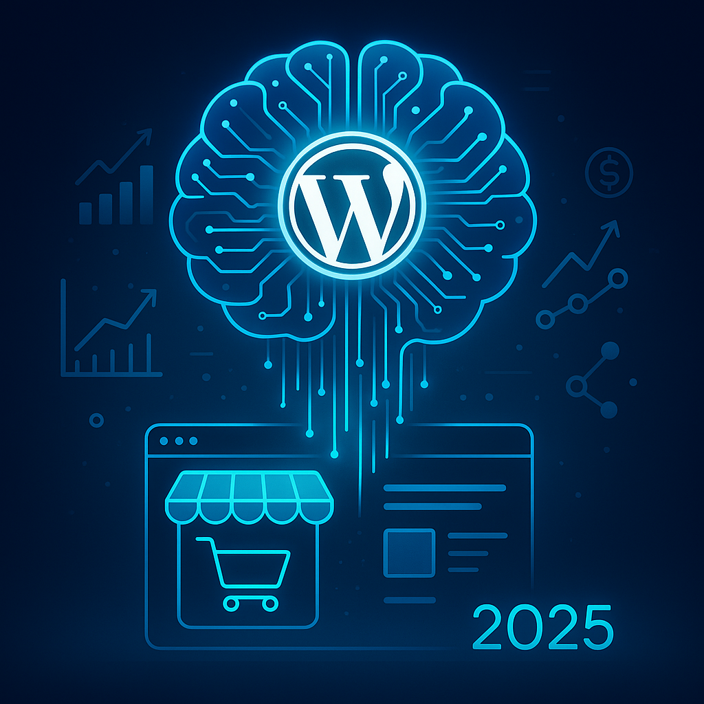 Digital illustration showing AI integration with WordPress powering innovative business and e-commerce strategies in 2025