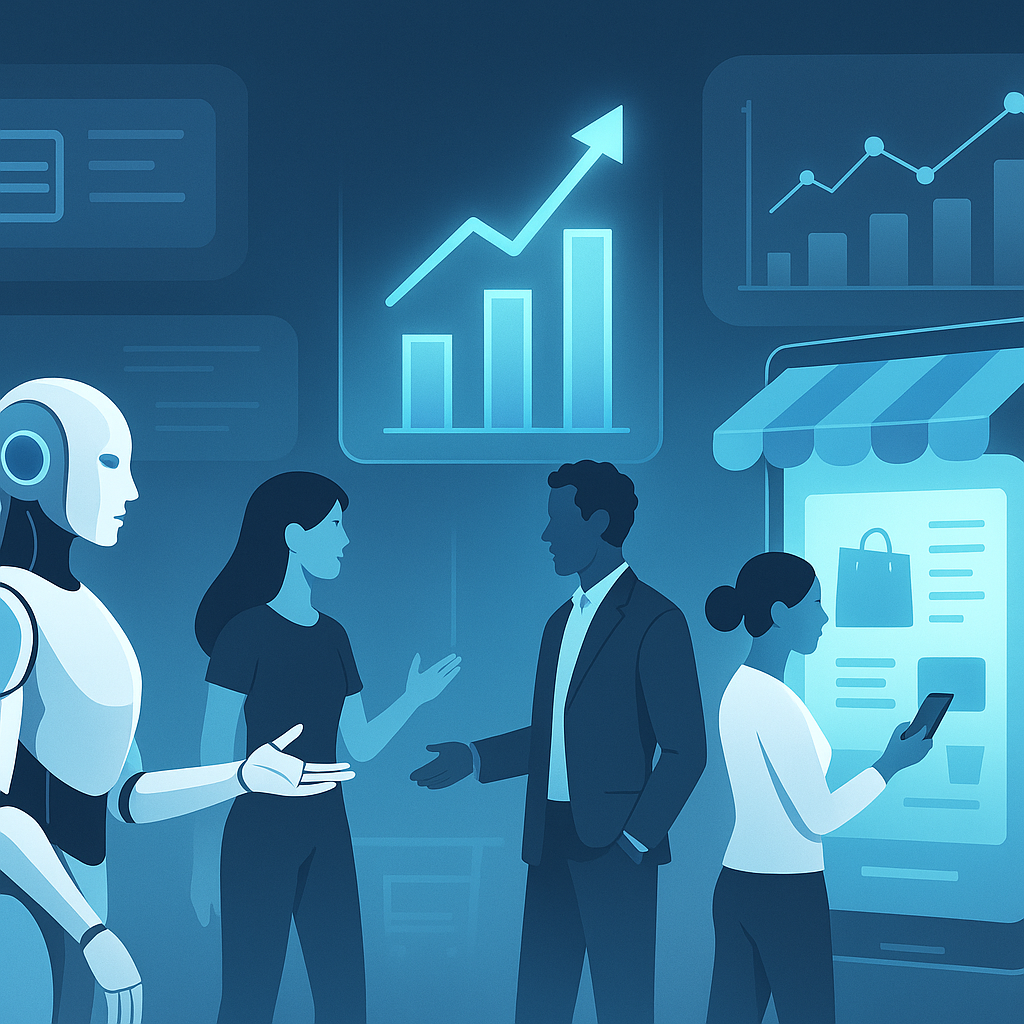 Illustration showing artificial intelligence programs revolutionizing e-commerce with personalized virtual assistants and data-driven growth charts in a modern digital marketplace