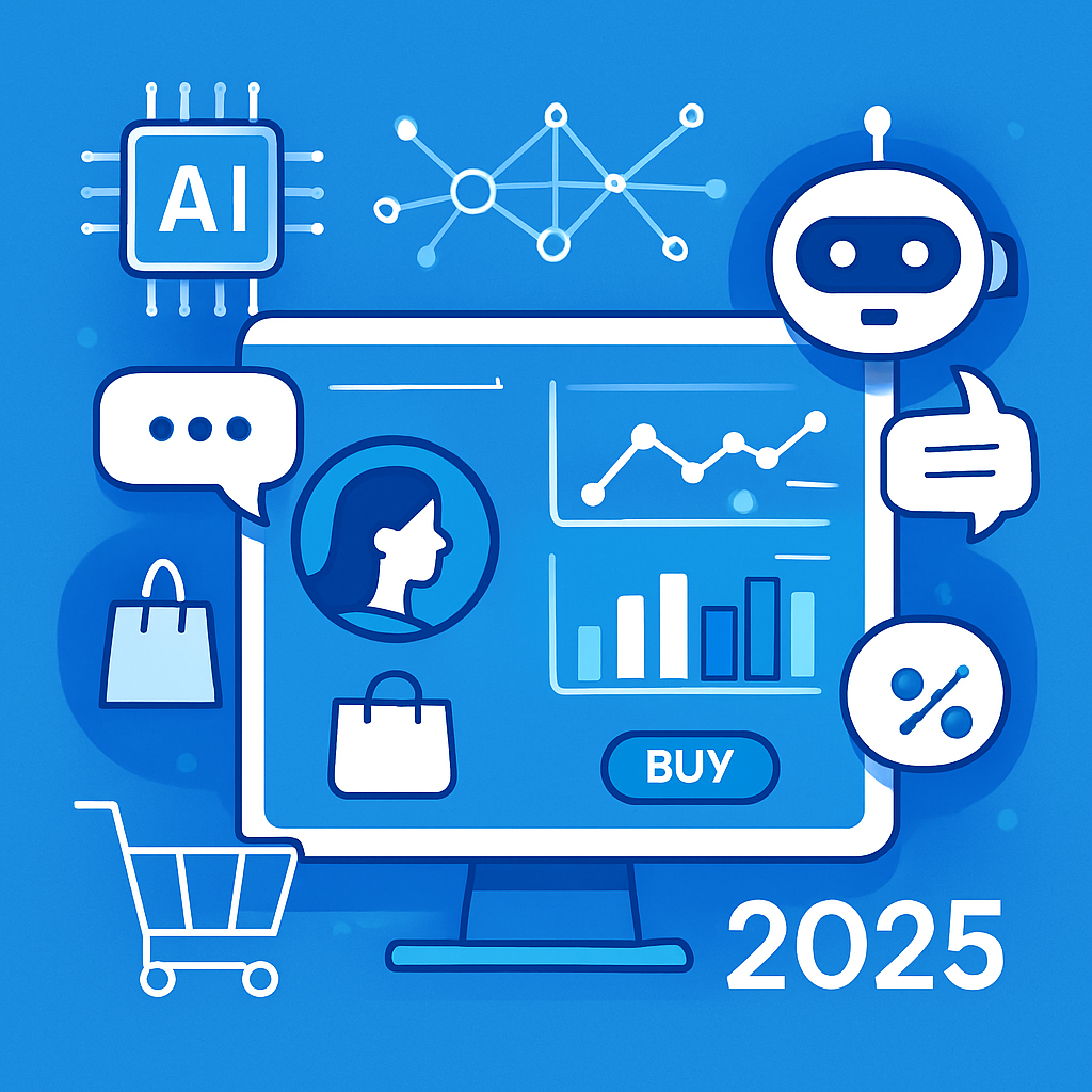 Futuristic digital marketing and e-commerce dashboard showcasing AI-driven customer engagement with data analytics and chatbot icons in a modern design