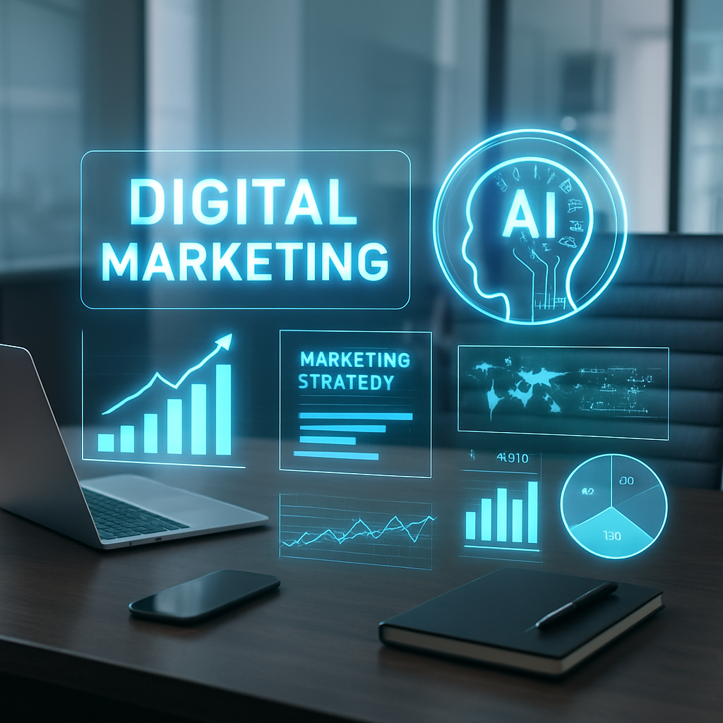A futuristic digital workspace showcasing artificial intelligence technology revolutionizing online marketing strategies with dynamic data visuals and AI-driven analytics.