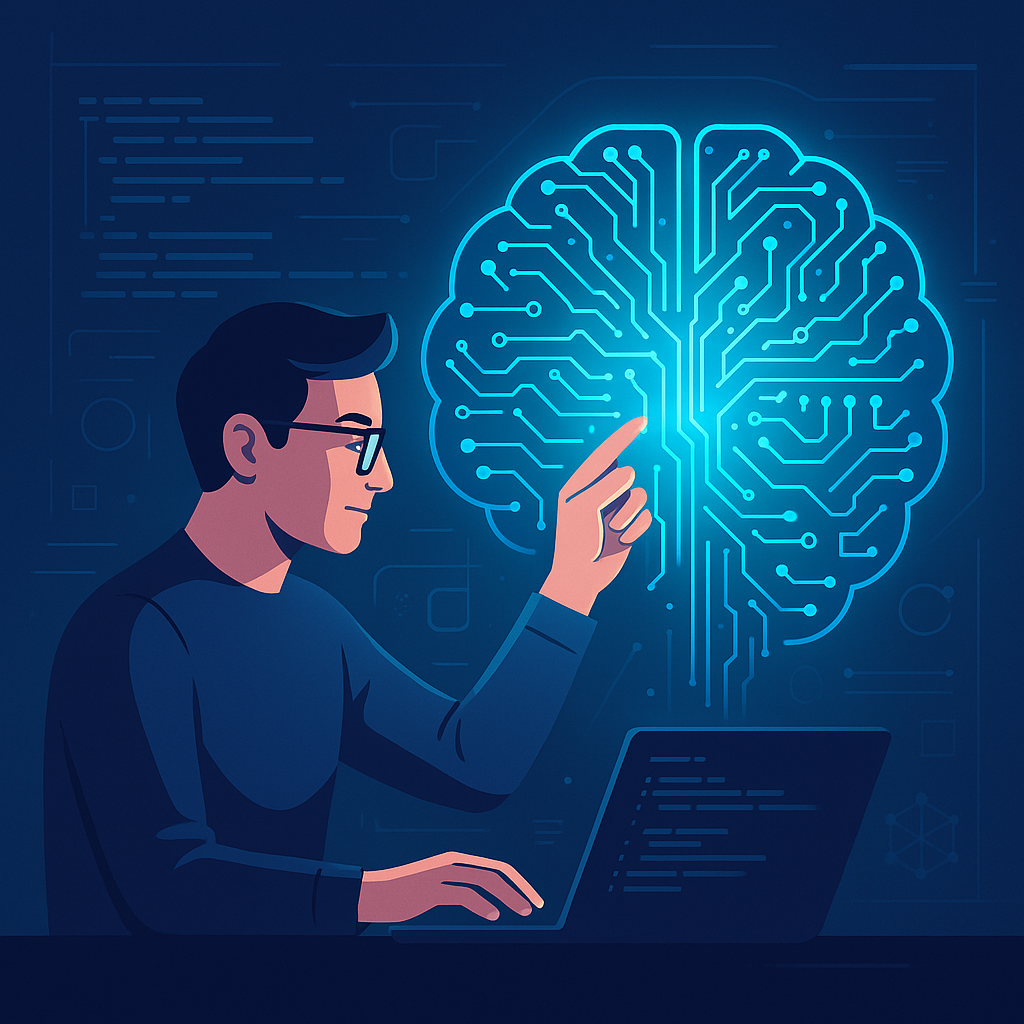 Illustration of custom software development creating a glowing AI brain with digital circuits, representing harnessing AI solutions through bespoke software development.