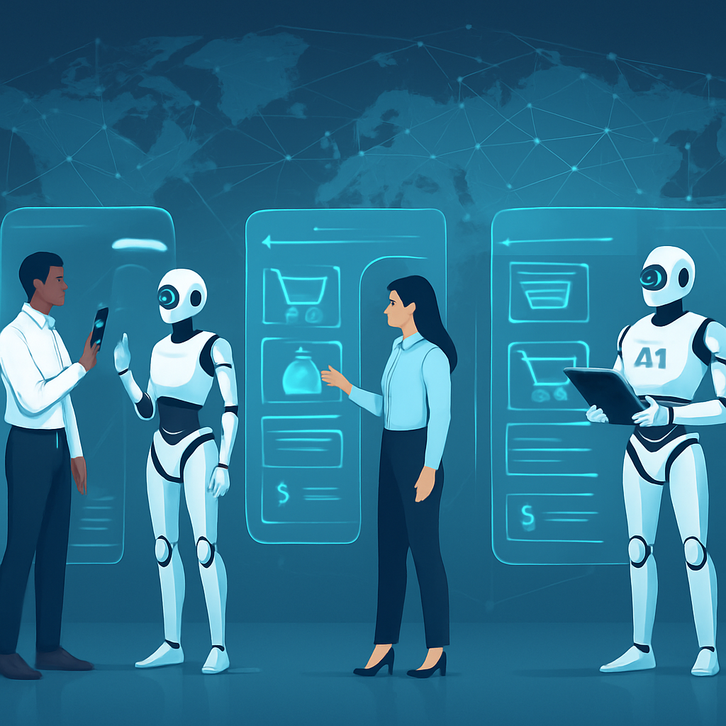 Illustration of intelligent machines enhancing digital ecommerce strategy with AI-driven customer interactions and data analytics on futuristic digital interfaces