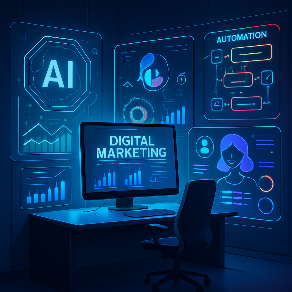 A modern AI-powered digital marketing dashboard visualizing transformation AI in marketing automation with holographic data and personalized customer profiles, reflecting advanced personalization and efficiency in marketing