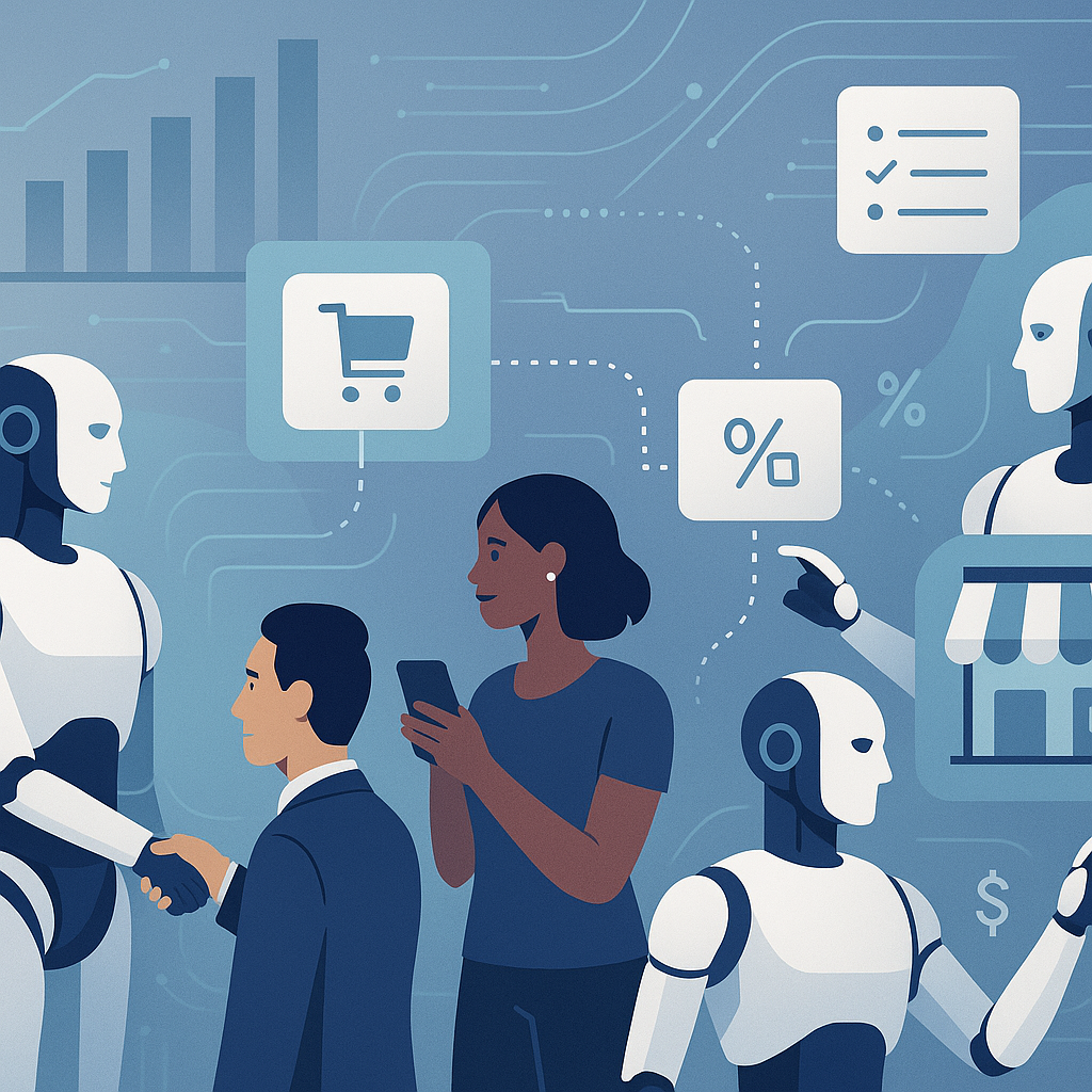 Illustration of AI agents enhancing customer experience and sales in ecommerce stores with futuristic technology and digital shopping elements