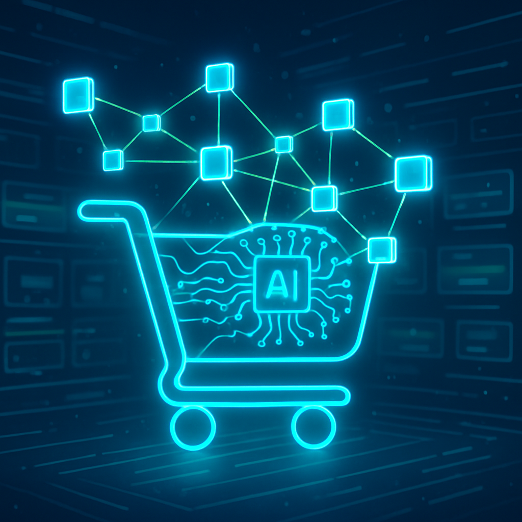 Digital illustration of AI and blockchain technologies transforming ecommerce with holographic shopping elements and interconnected blockchain nodes symbolizing advanced online shopping experiences