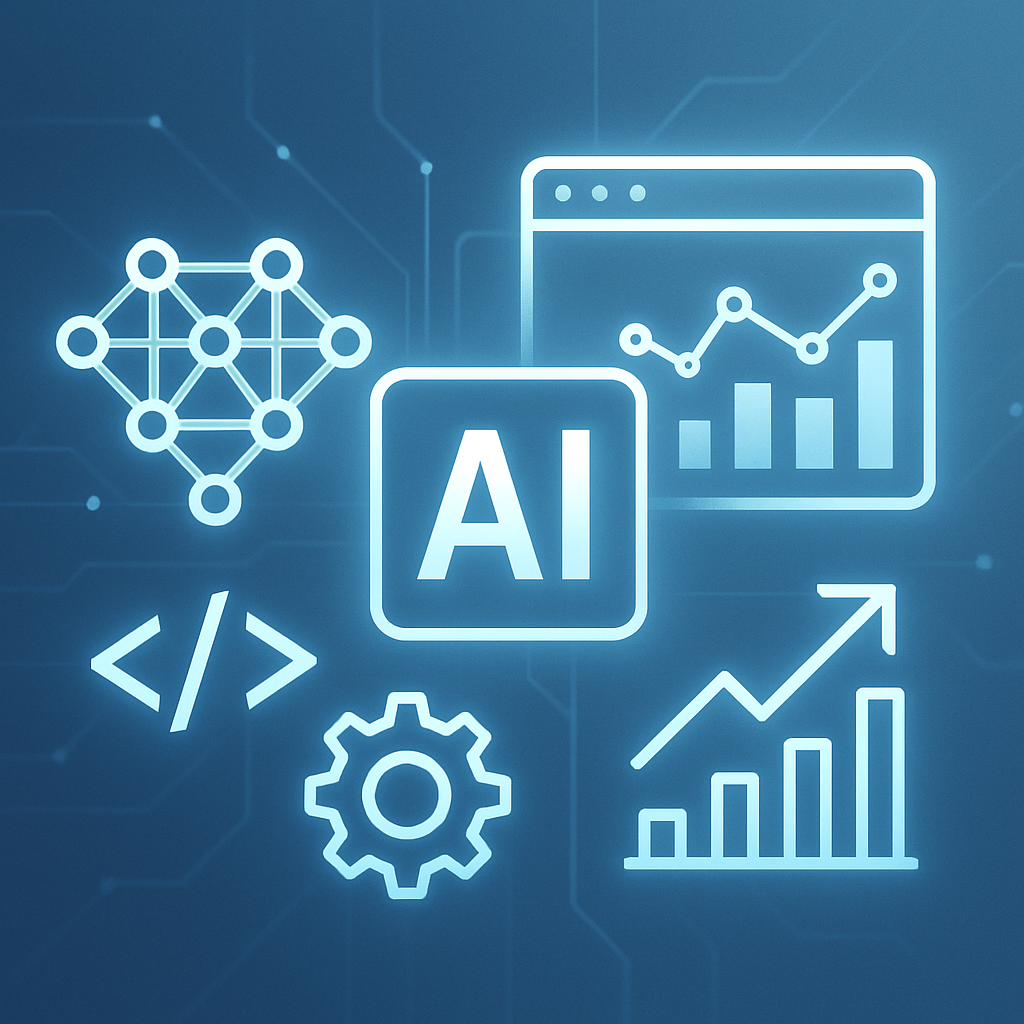 Digital artwork depicting AI technology, custom application development, and marketing analytics converging to revolutionize online business strategies