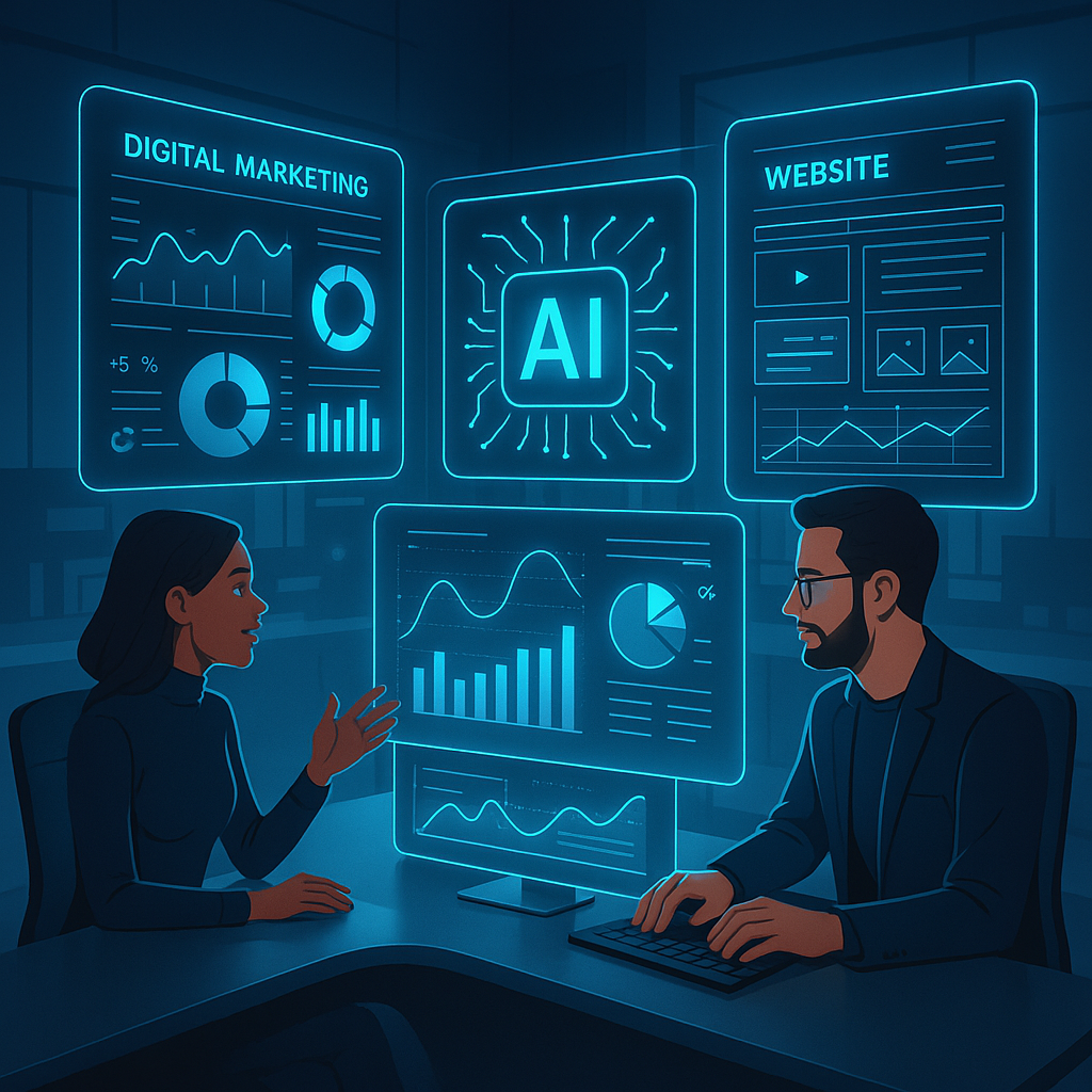 Futuristic digital workspace depicting AI-driven digital marketing metrics and website development dashboards with professionals collaborating in a modern tech office
