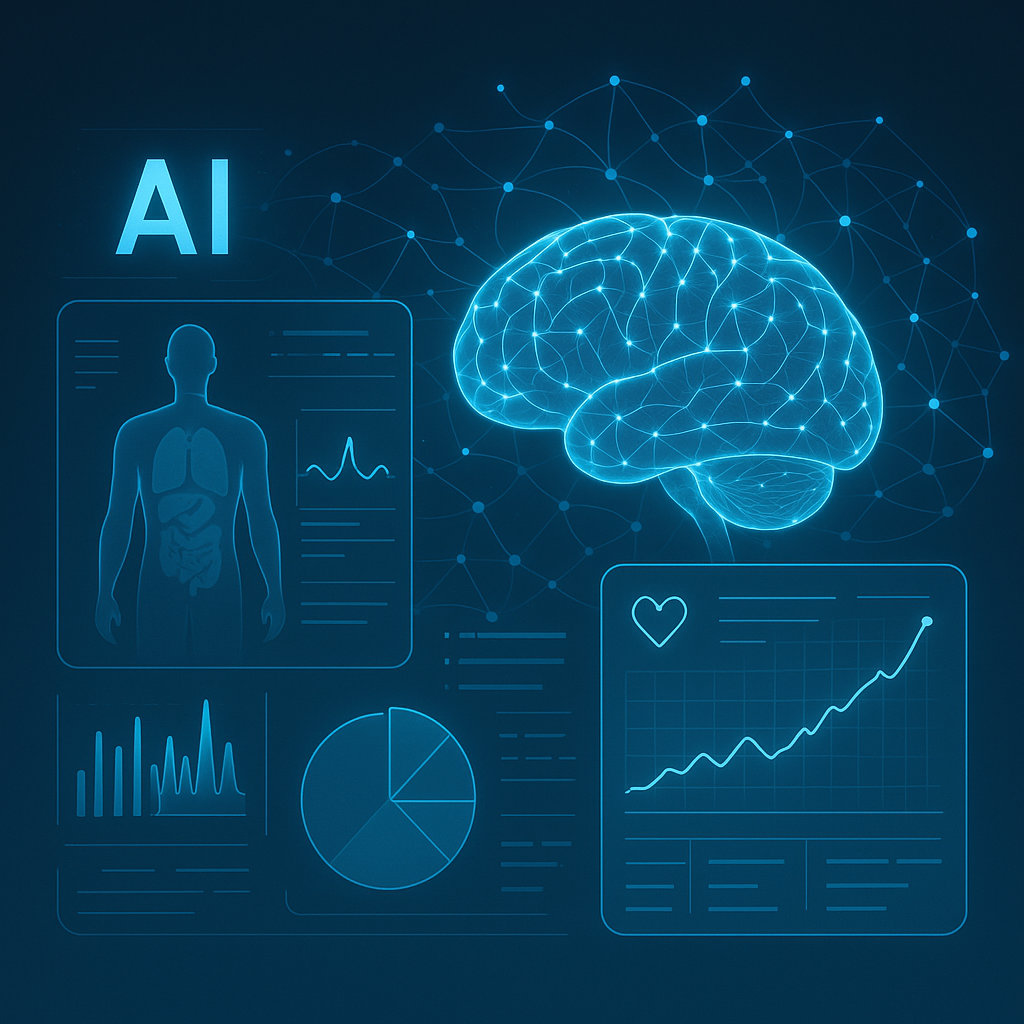 Digital representation of AI based predictive analytics transforming healthcare outcomes with futuristic medical data and neural networks.