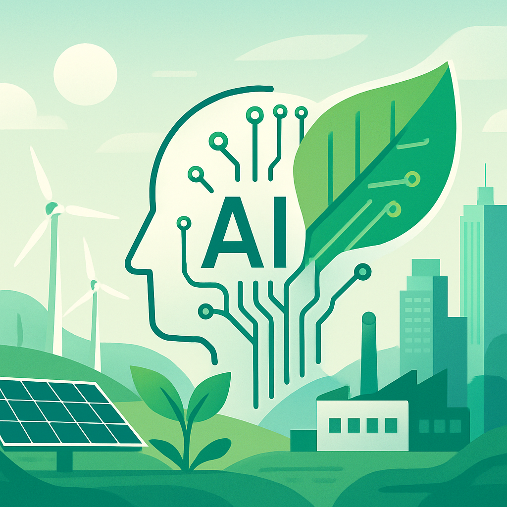 Digital illustration showing artificial intelligence driving sustainable innovation across multiple industries including energy, agriculture, manufacturing, and urban planning in a modern and eco-friendly style.