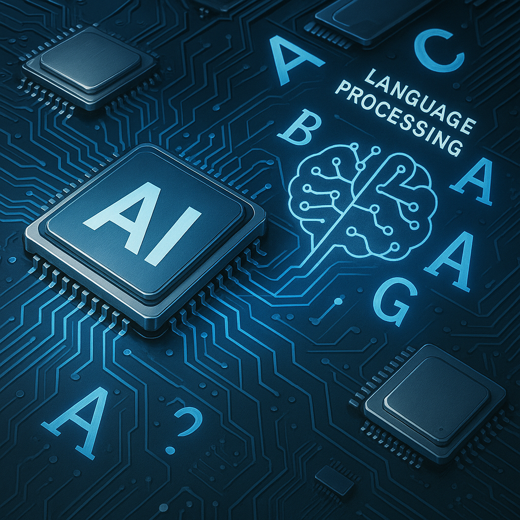 Futuristic depiction of AI-enhanced computer architecture processing English language data with neural networks and silicon chip imagery