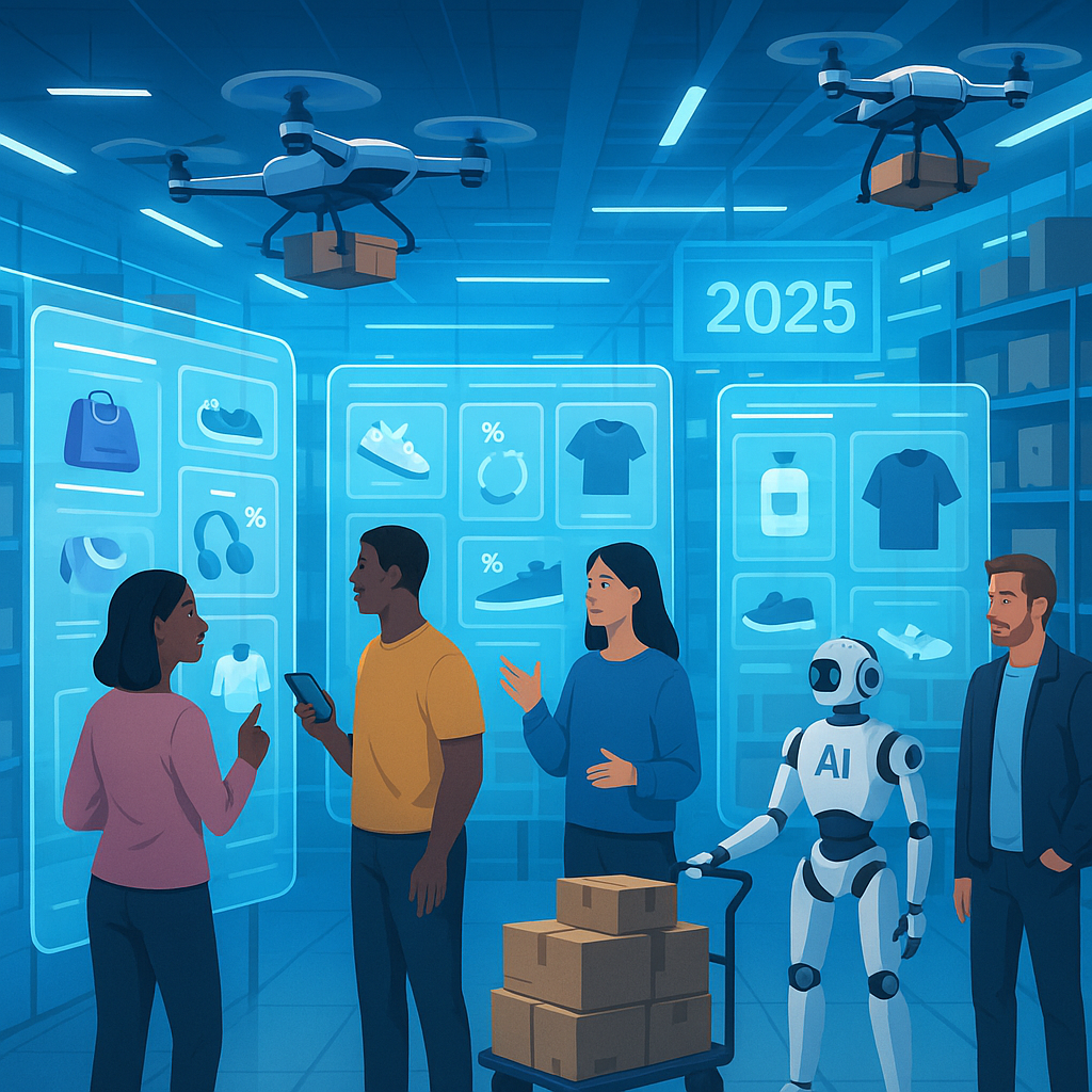 Illustration of AI revolutionizing e-commerce with personalized shopping screens, autonomous delivery drones, and smart warehouse robots in a futuristic setting