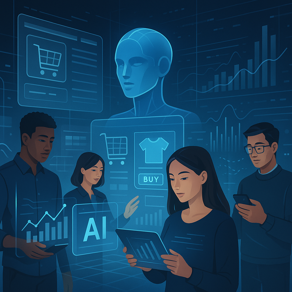 Illustration of AI-powered digital transformation in ecommerce featuring virtual shopping and data analytics