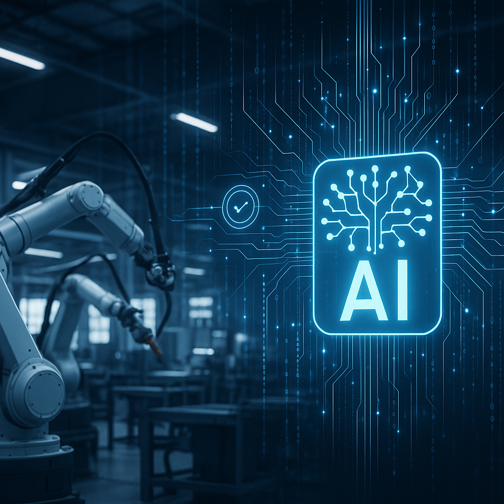 Modern manufacturing facility illustrating AI machine learning models applied to predictive analytics, highlighting advanced robotics and data-driven operations in industry.