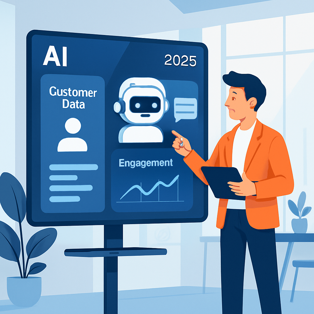 Modern depiction of a small business owner using AI-powered insights dashboard to revolutionize customer engagement, showing data analytics and chatbots in a technology-driven office scene.