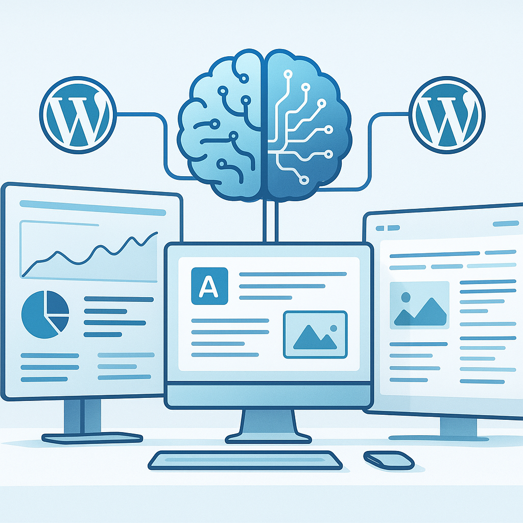 Illustration of AI-powered WordPress site management and content creation tools enhancing productivity and automation