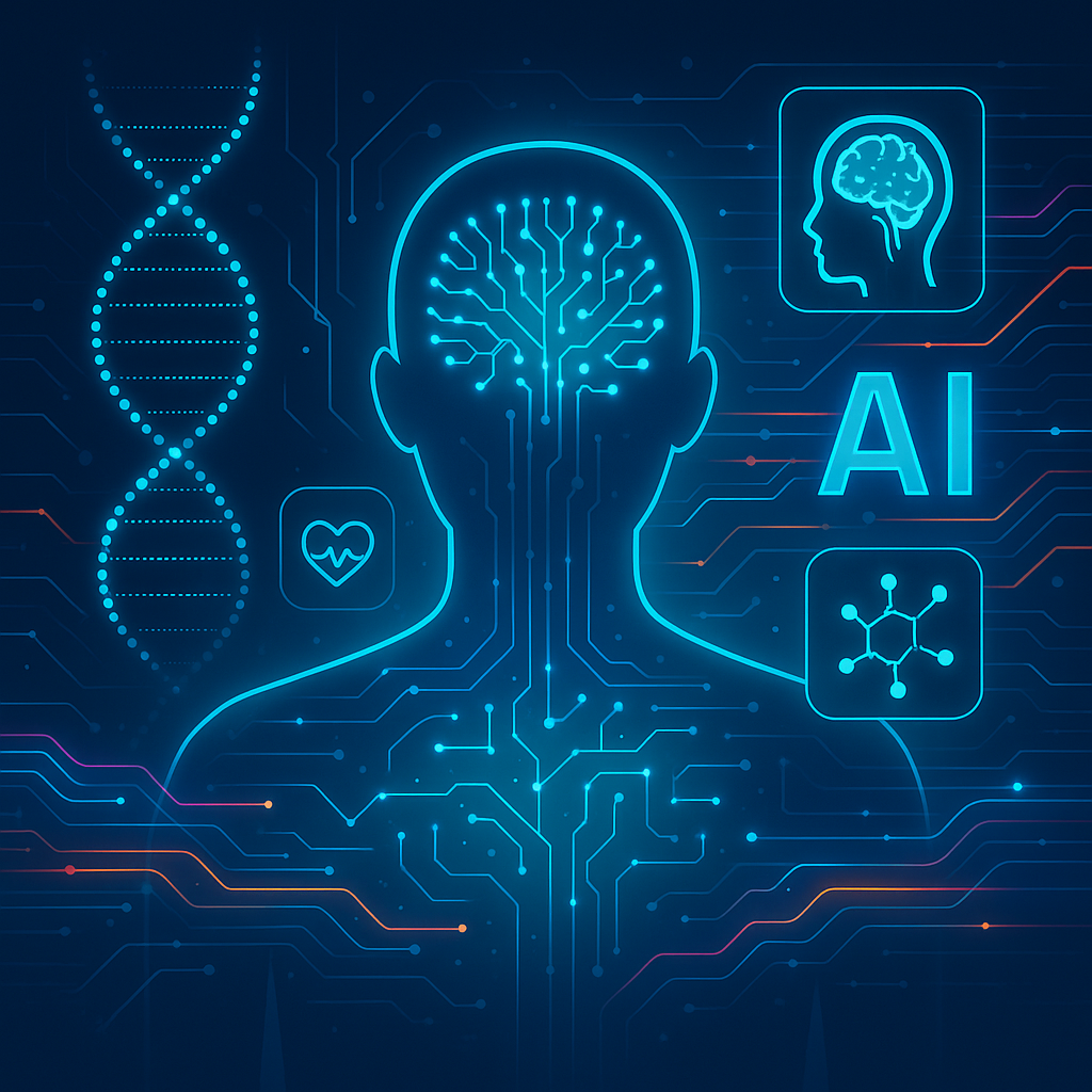 Futuristic illustration showing artificial AI transforming personalized healthcare diagnostics with neural networks, DNA strands, and medical imagery overlays