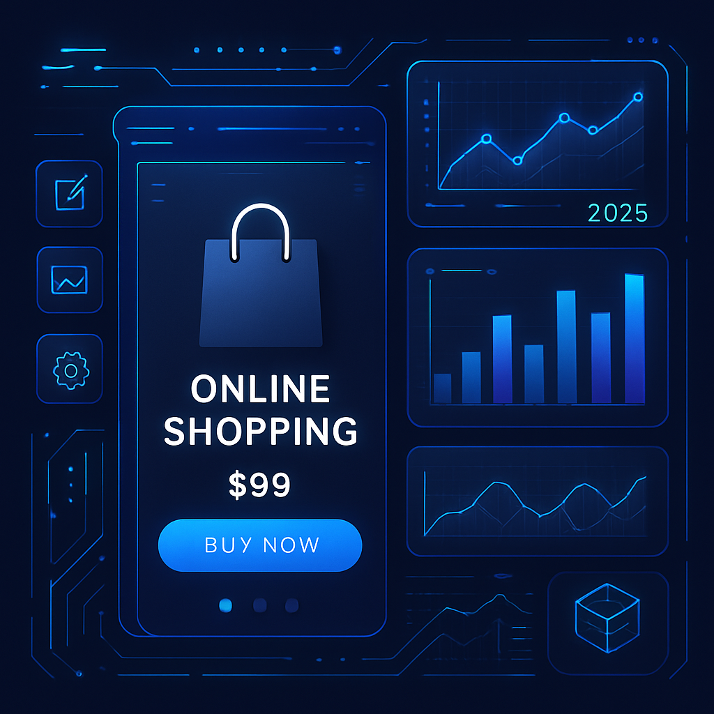 Illustration of custom software integration revolutionizing online e-commerce business success, showing futuristic shopping interface and data analytics visuals.