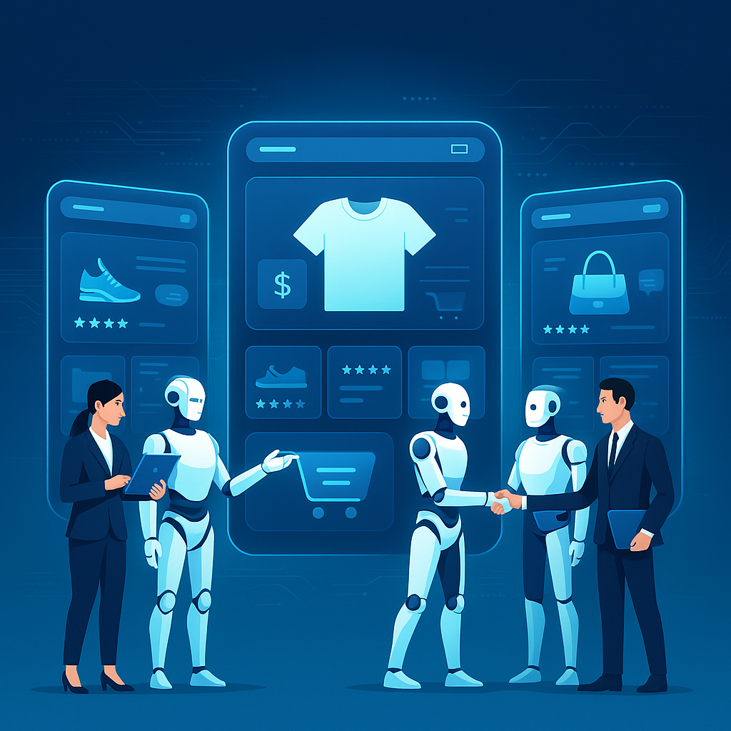 Humans and AI collaborating seamlessly within an advanced ecommerce platform, symbolizing the transformation of online store experiences through technology and human insight.