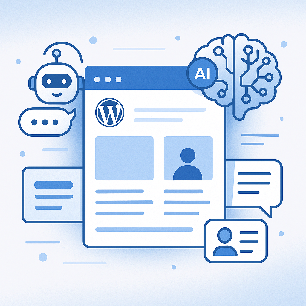 Illustration of a WordPress website enhanced by intelligent AI agents transforming user experience with chatbots and personalized content