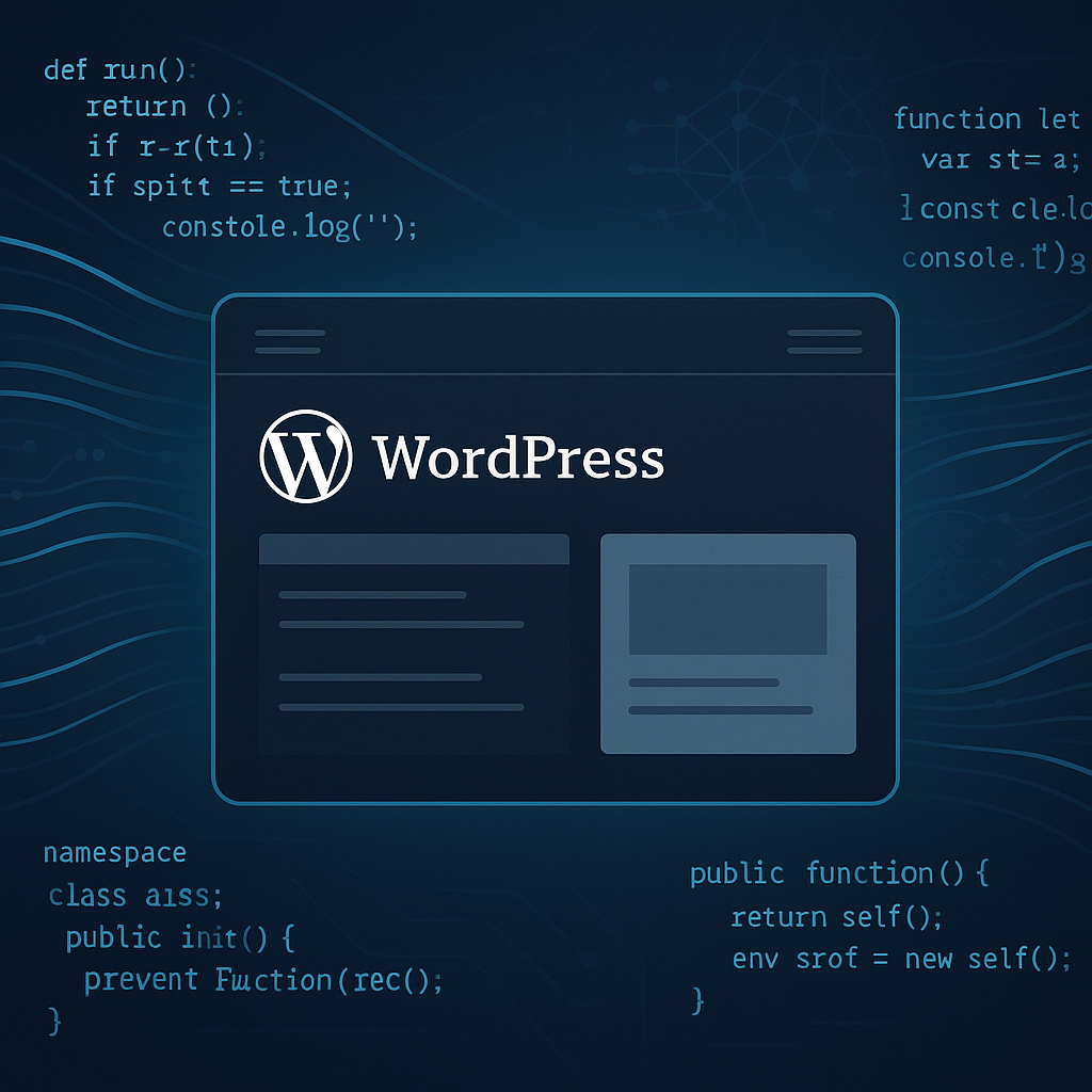 Illustration of AI integration in WordPress web development featuring programming languages and AI neural networks around a website interface