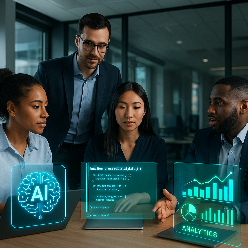 Business professionals collaborating with holographic AI and custom software visuals symbolizing AI-driven digital transformation and digital marketing strategies