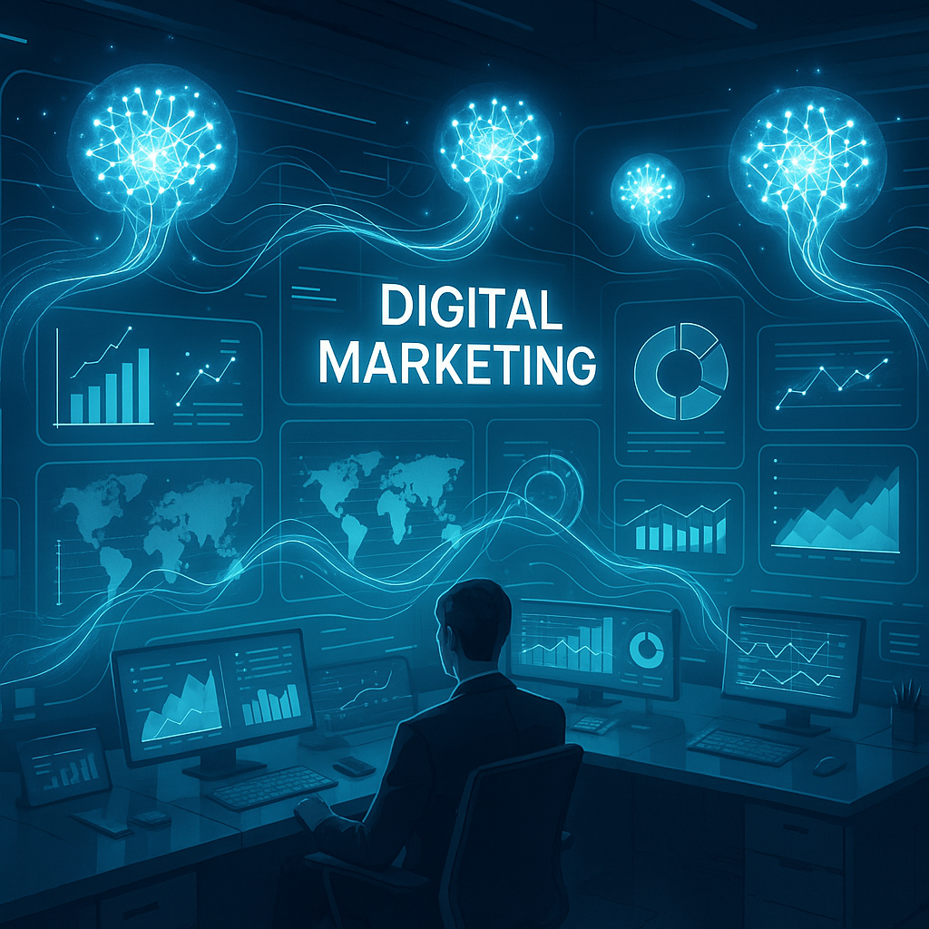 Creative visualization of intelligent computer agents transforming digital marketing strategies with AI-driven data interactions and dynamic holographic analytics interfaces