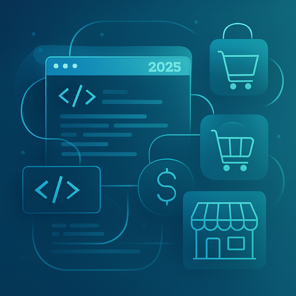 Modern digital art depicting advanced coding integration with ecommerce symbols, illustrating seamless transformation of digital ecommerce experiences.