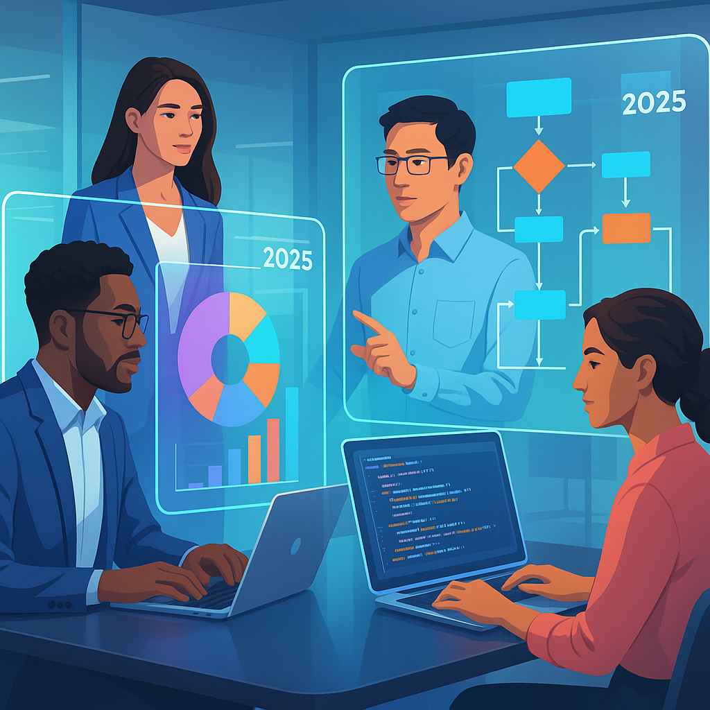 Professionals collaborating with dynamic custom software interfaces symbolizing tailored business growth and efficiency in 2025