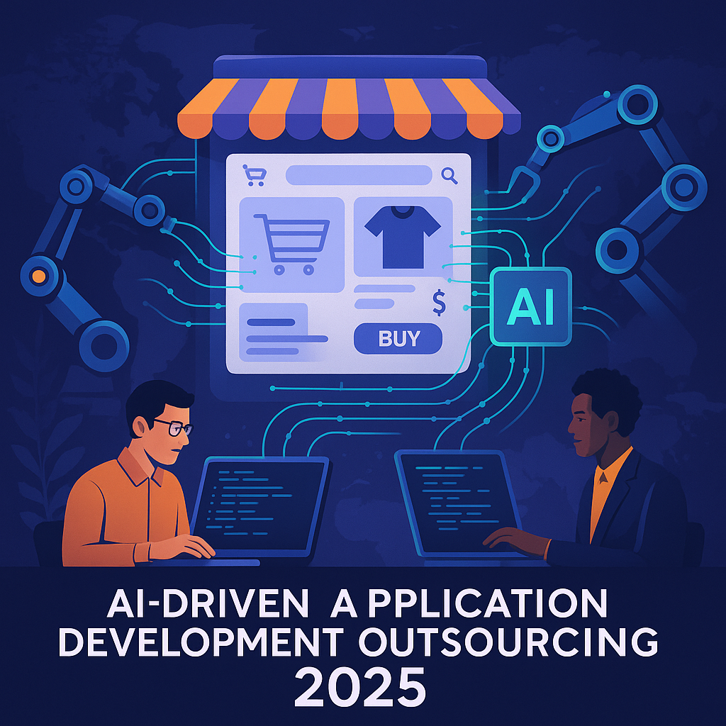 Futuristic e-commerce storefront accelerated by AI and remote application development teams, symbolizing AI-driven outsourcing revolutionizing business operations in 2025