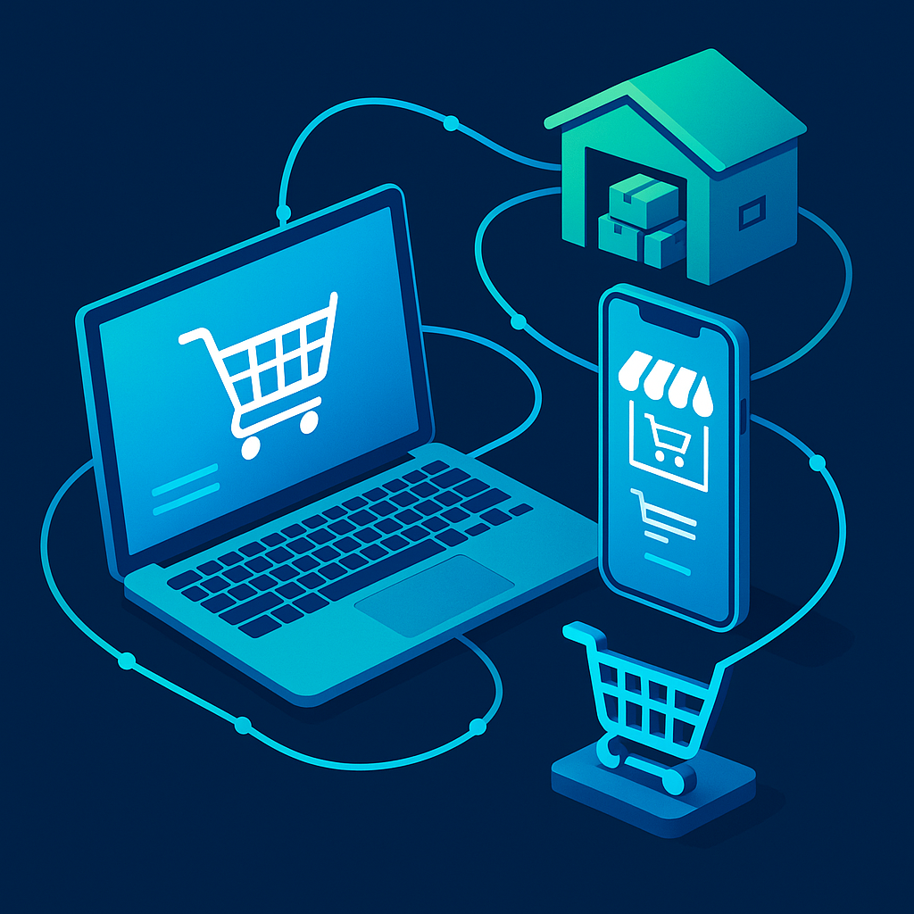 Illustration of interconnected digital devices and shopping icons representing integrated e-commerce platforms and services driving business growth