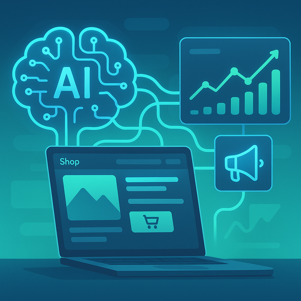 An abstract futuristic illustration depicting AI integration with done-for-you website platforms and e-commerce marketing solutions maximizing return on investment.