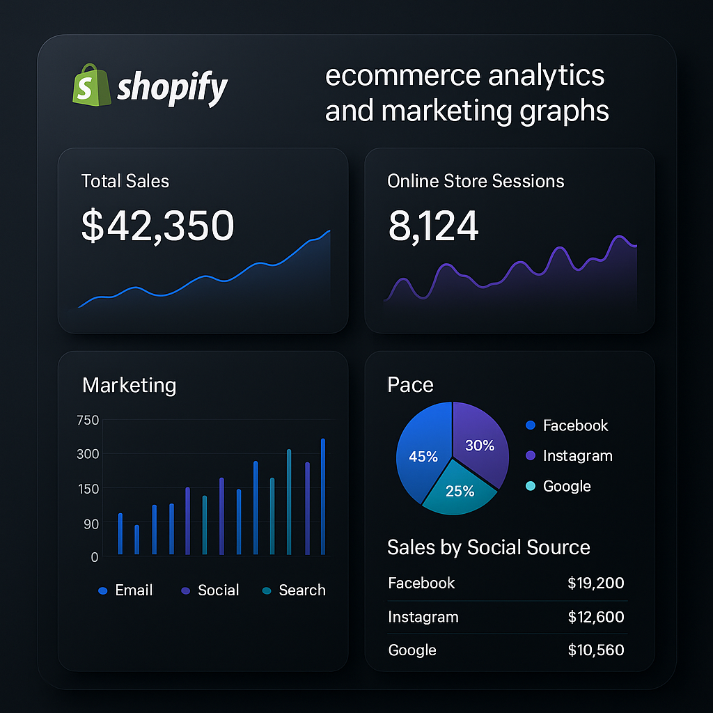 Modern ecommerce marketing dashboard with Shopify branding, highlighting Shopify DE strategies for maximizing ecommerce store success