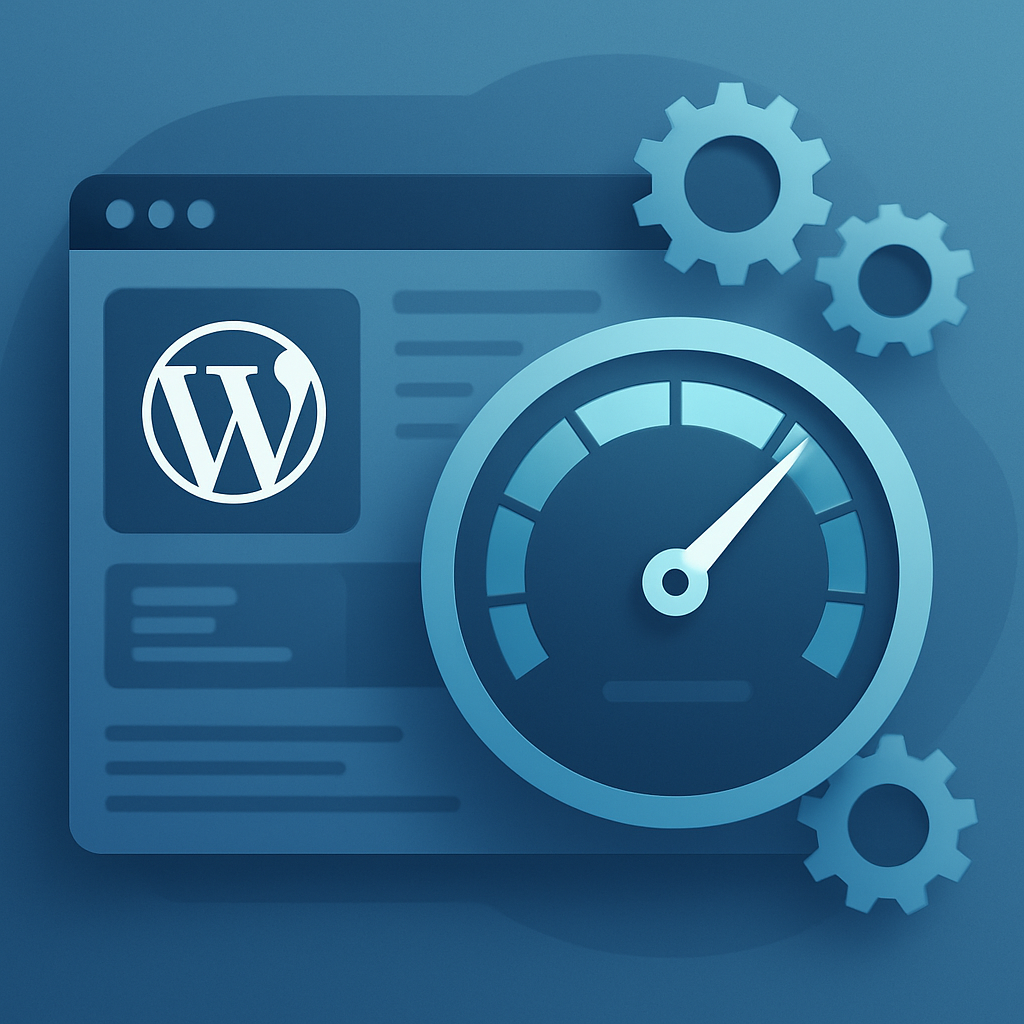 Digital illustration showing advanced WordPress optimization techniques symbolized by gears and speedometer on a website dashboard, representing website performance maximization strategies in 2024.