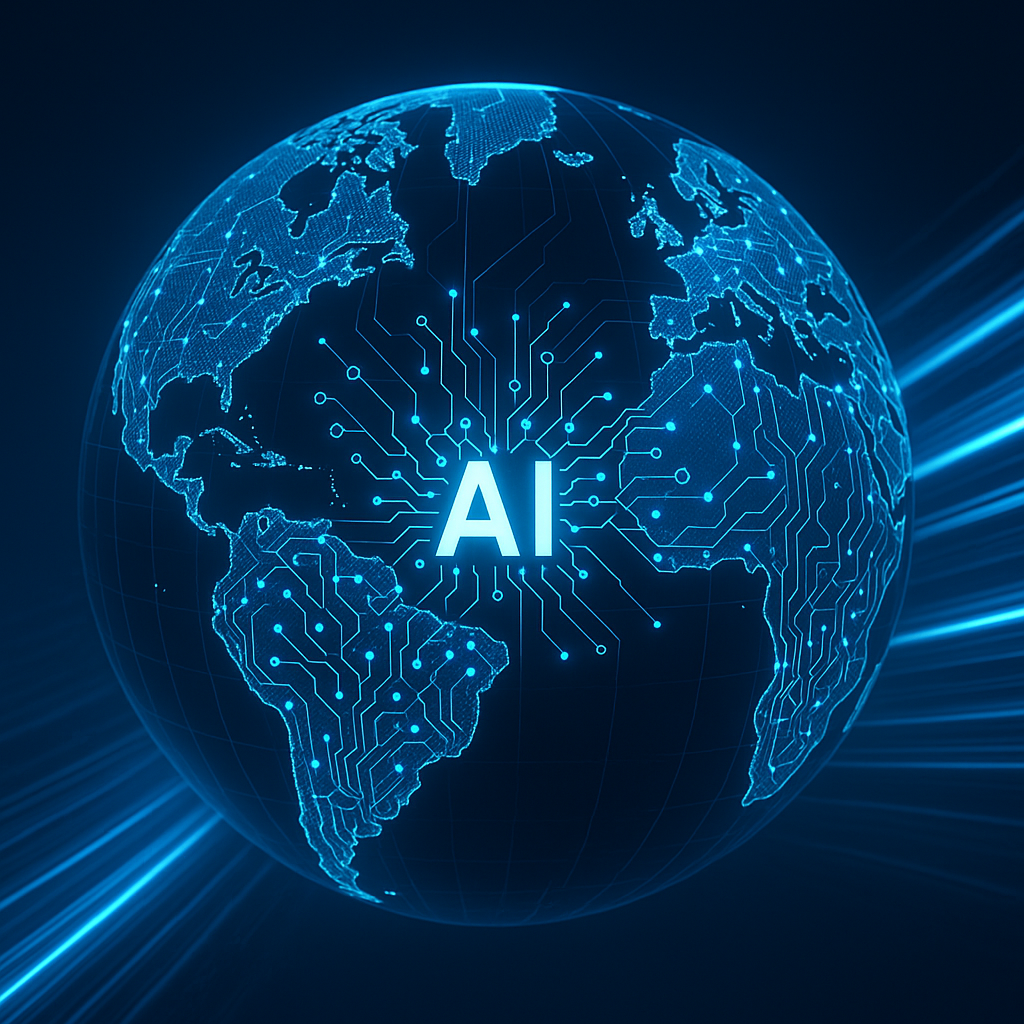 Digital globe with interconnected AI neural network nodes representing AI development leadership shaping the future of artificial intelligence