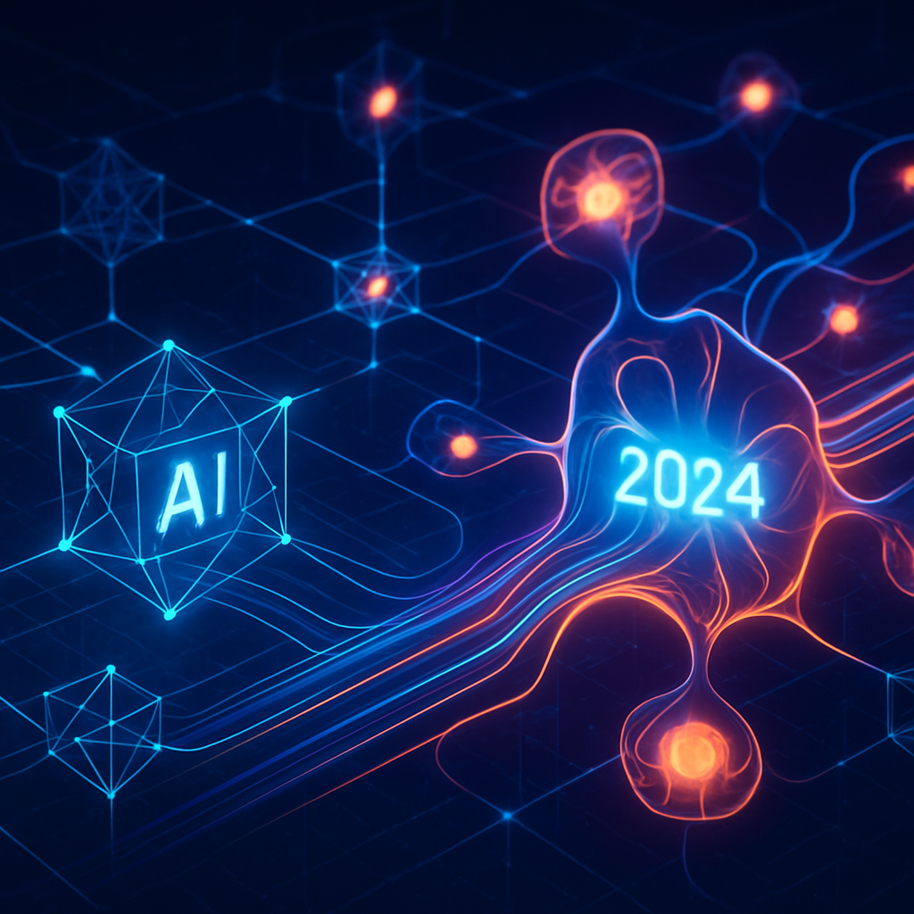 Abstract digital artwork depicting Transformation AI reshaping the state of artificial intelligence in 2024 with interconnected glowing nodes and dynamic data flows