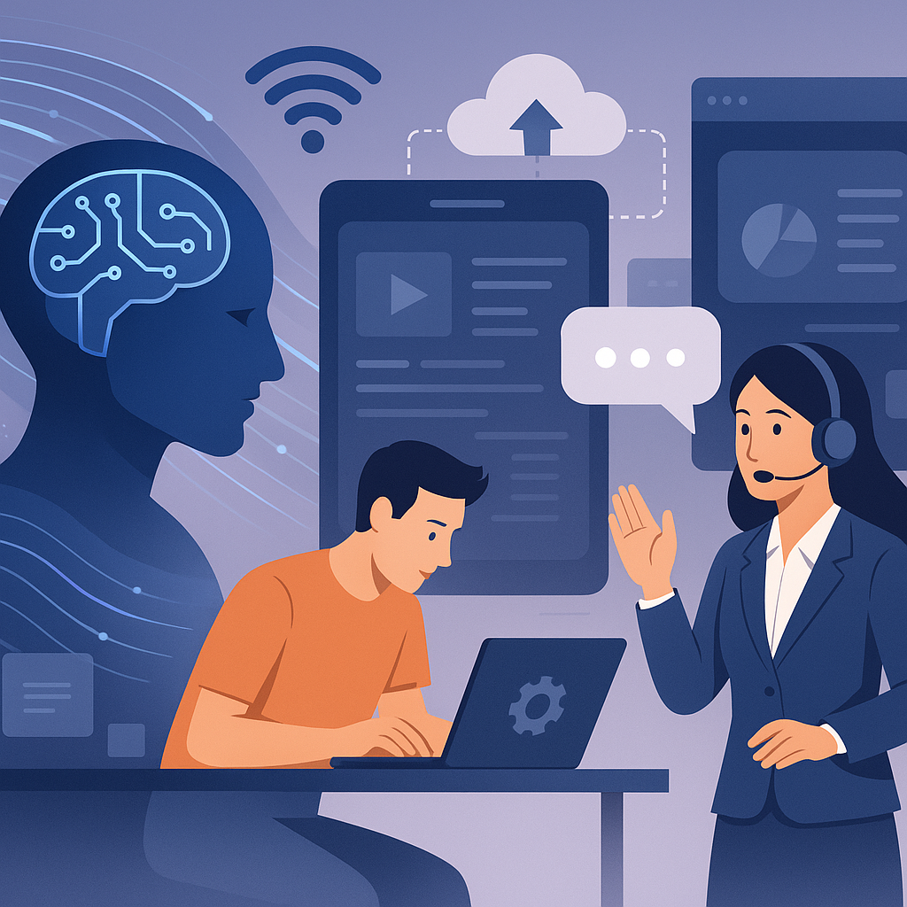 Digital artwork showing AI technology driving application development outsourcing and customer service software solutions enhancing business growth and efficiency