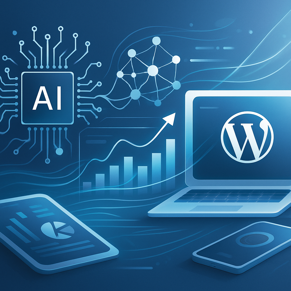 Futuristic representation of AI-driven digital marketing integrating with WordPress companies, showing neural networks and analytical graphics symbolizing growth and intelligent strategies