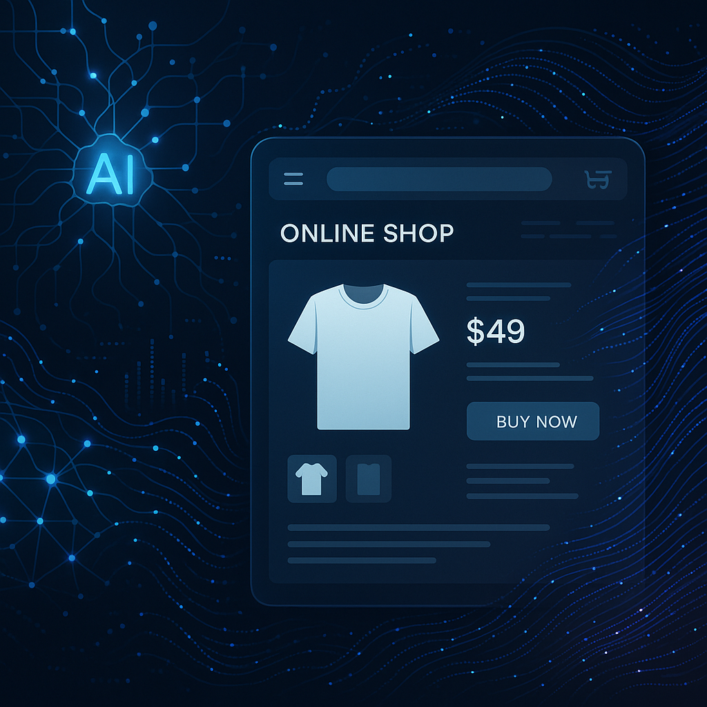 Illustration of machine intelligence shaping personalized e-commerce shopping experiences with futuristic digital interfaces and AI data visualization.