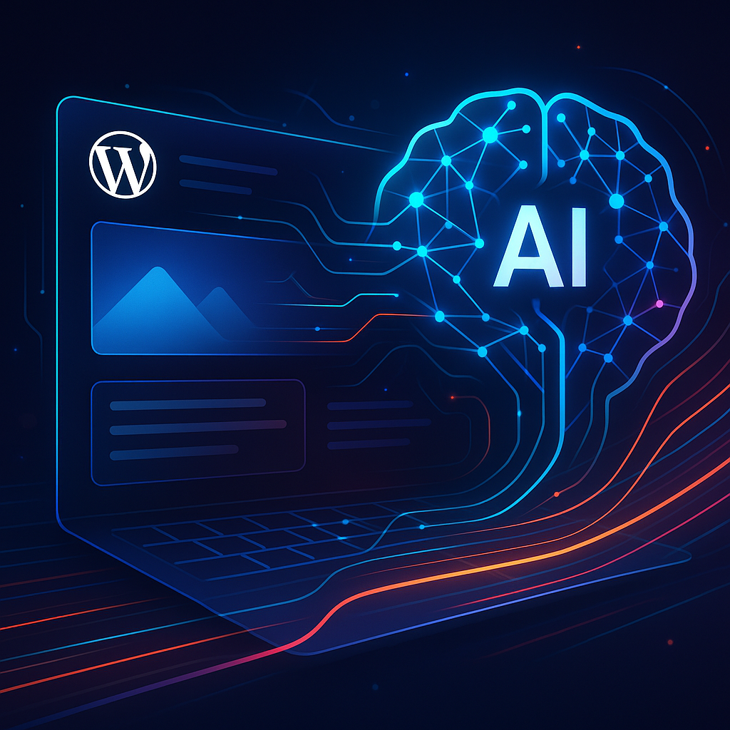 Illustration of a WordPress website being revolutionized by AI-powered digital transformation, showcasing interconnected AI neural network elements blending with website design components.