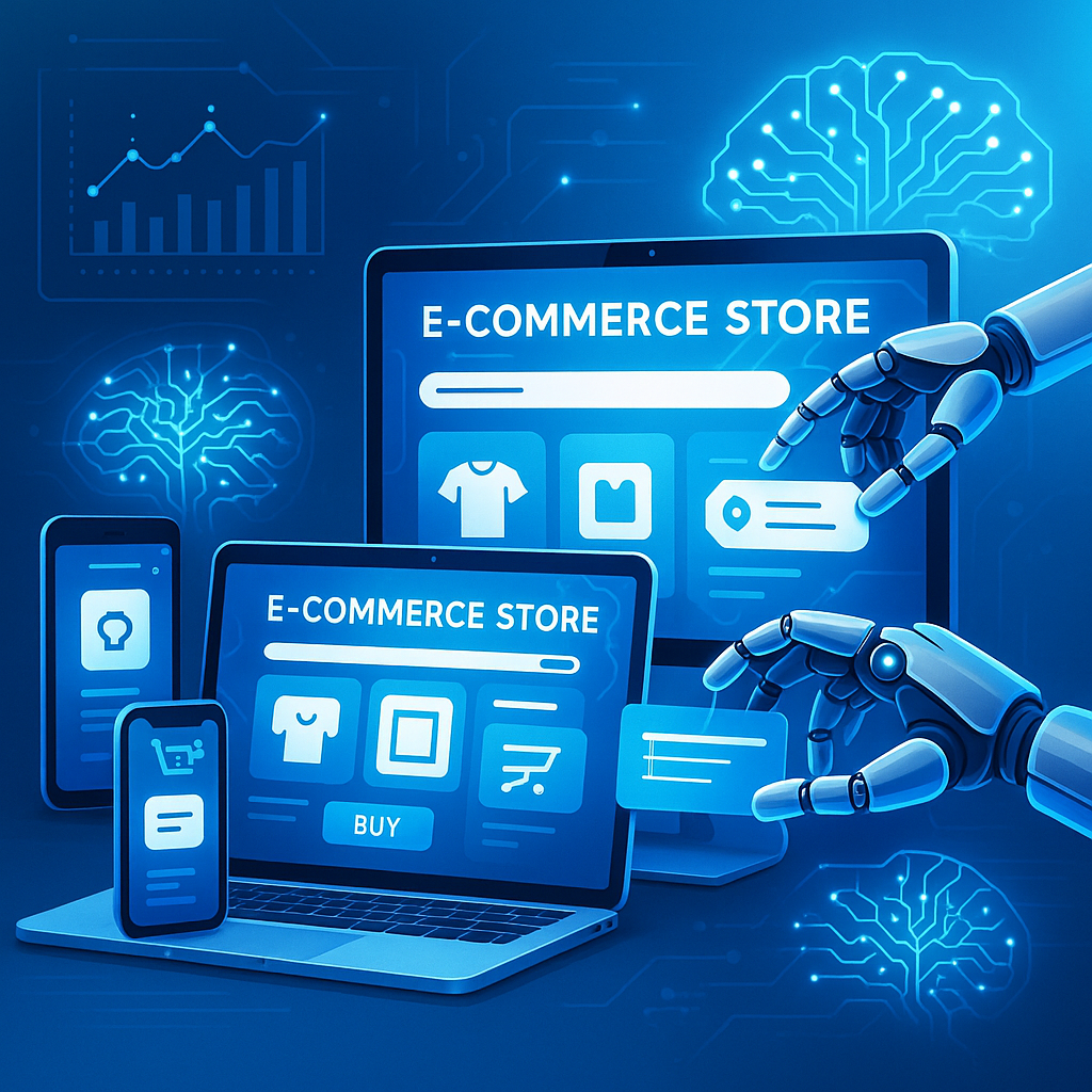 Modern e-commerce store interfaces with AI-driven design elements demonstrating AI-powered done-for-you website innovation in online shopping for 2024